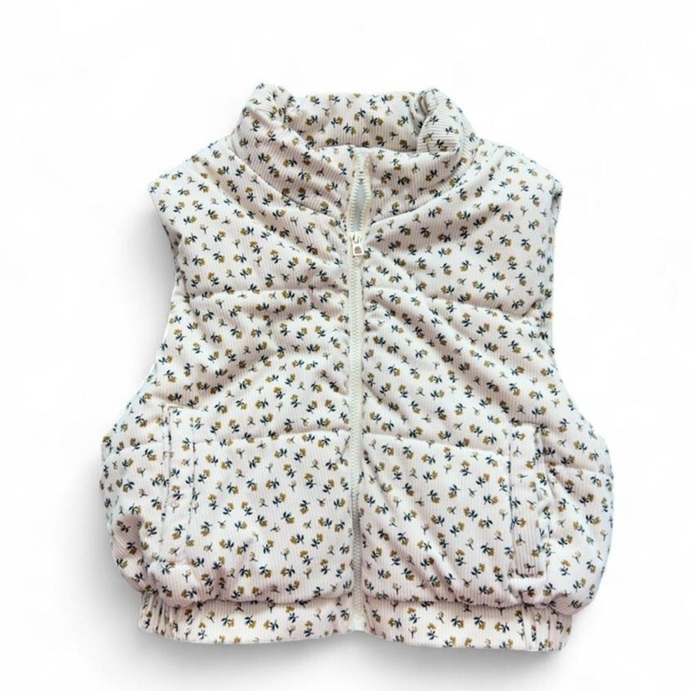 Only By 26 International Cream Floral Corduroy Puffer Vest Size Medium Boho